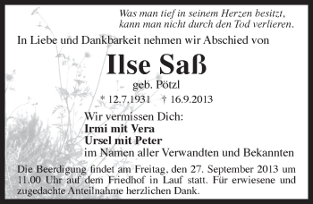 Traueranzeige von Ilse Saß von Pegnitz-Zeitung